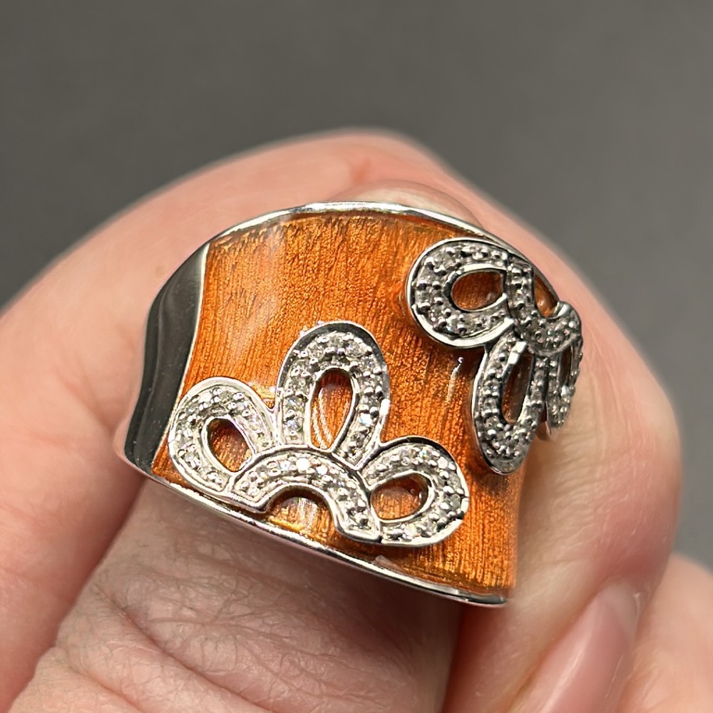#12 Vintage Orange Enamel & Silver with Genuine Diamond Saddle Ring, SZ 9